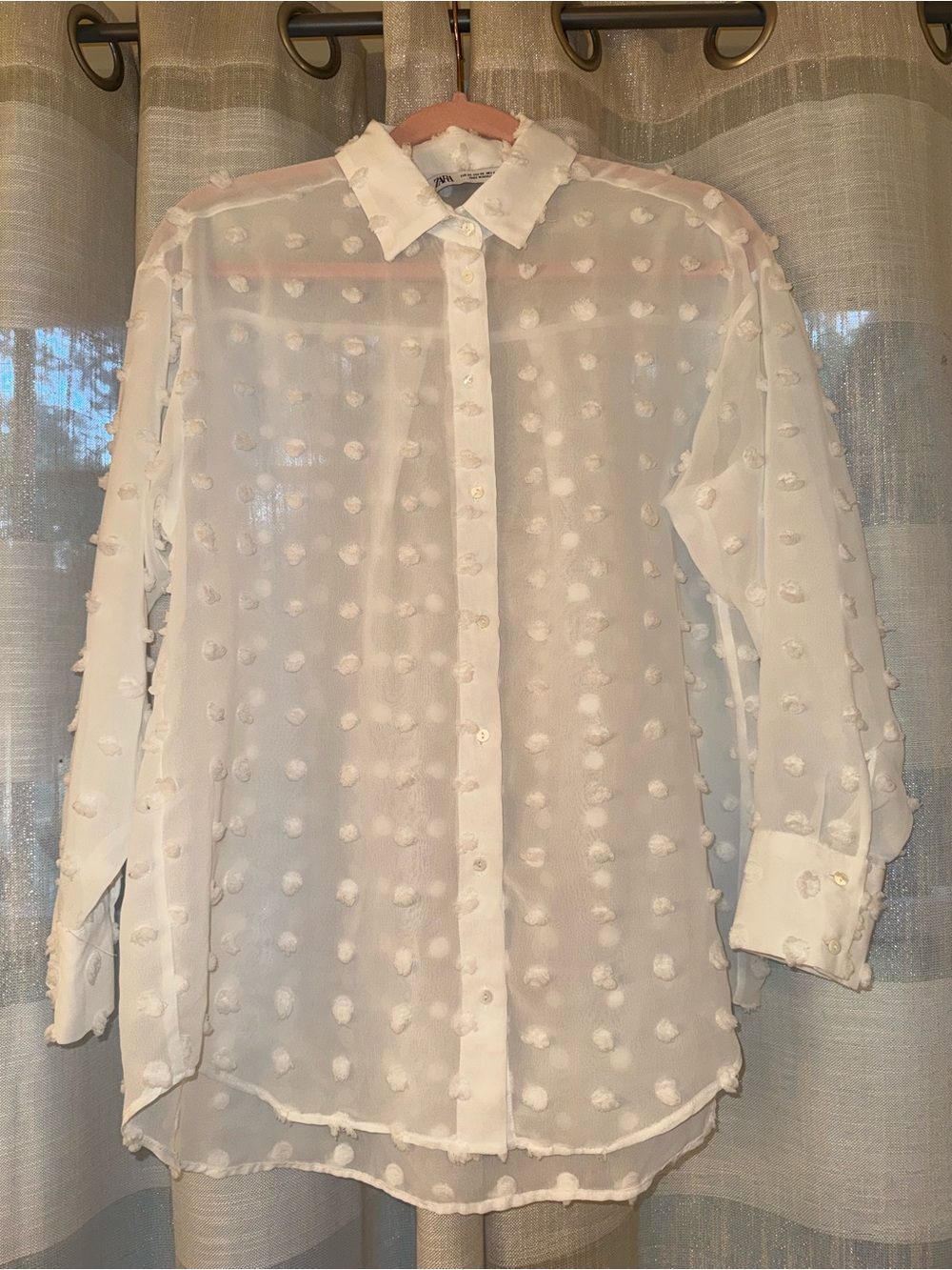Zara White Sheer Swiss Dot Button-Down Blouse XS